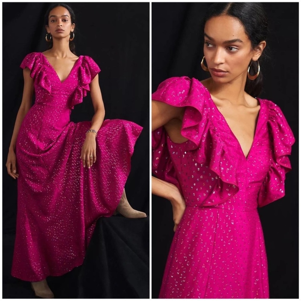 Anthropologie Hutch Metallic Plumeti Ruffled Open-Back Maxi Dress Fuchsia